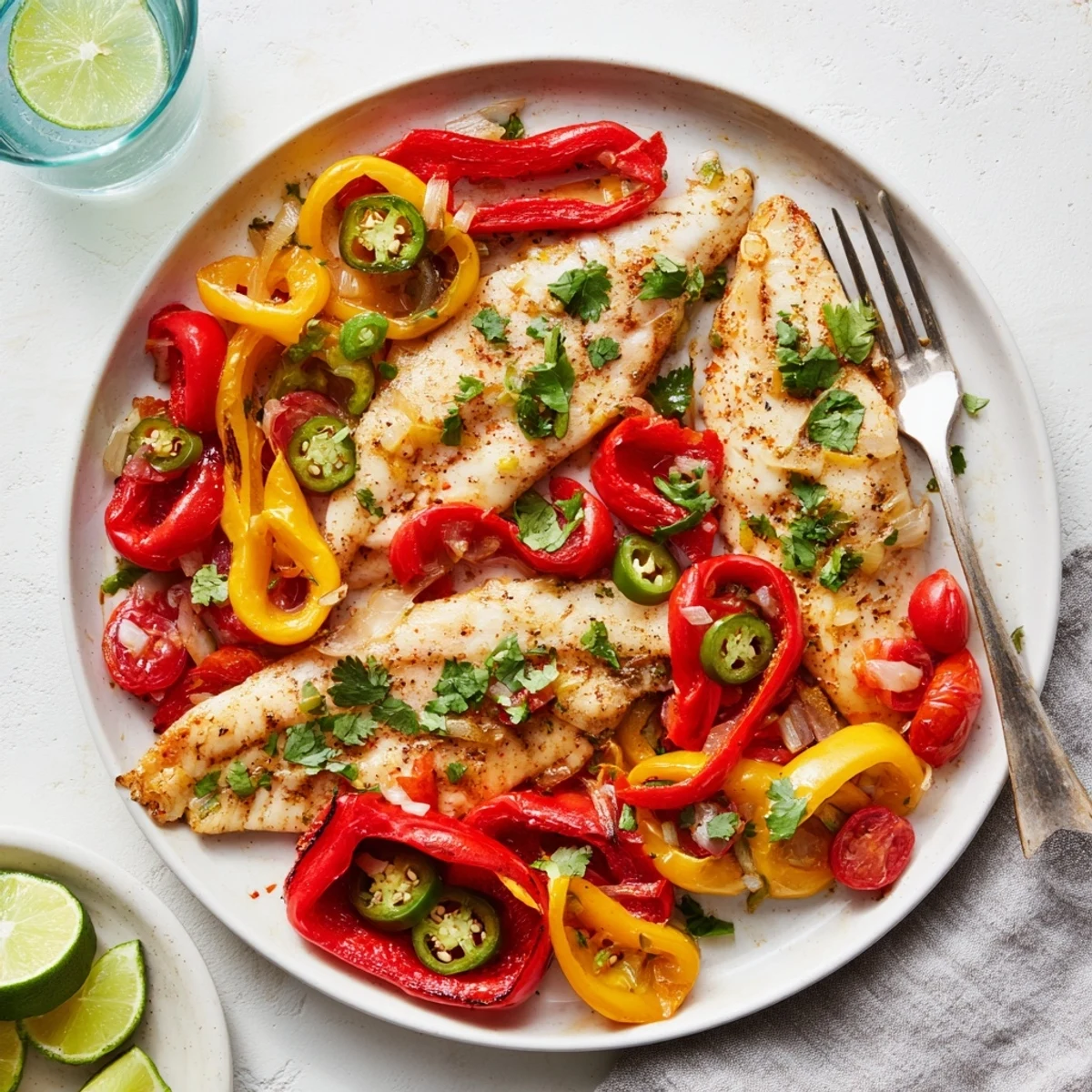 Golden tilapia fillets nestled in vibrant spicy roasted pepper skillet with smoky seasonings