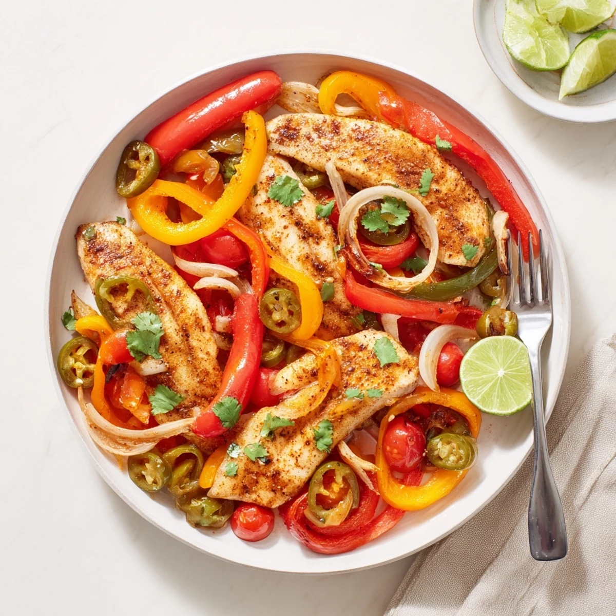 Spicy roasted pepper tilapia skillet topped with fresh cilantro and lime wedges