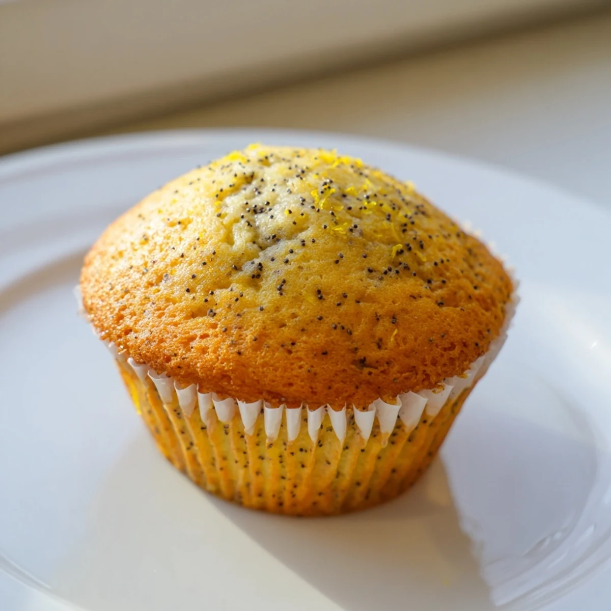 Golden lemon poppy seed muffins with domed tops fresh from the oven ready to serve