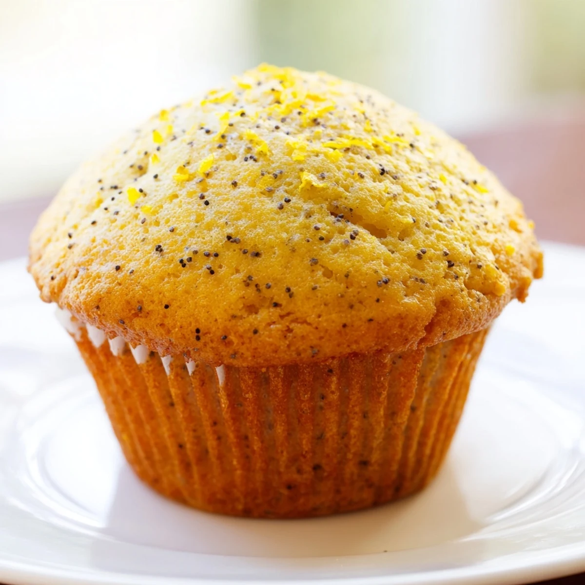 Moist lemon poppy seed muffins speckled with seeds and topped with bright citrus zest