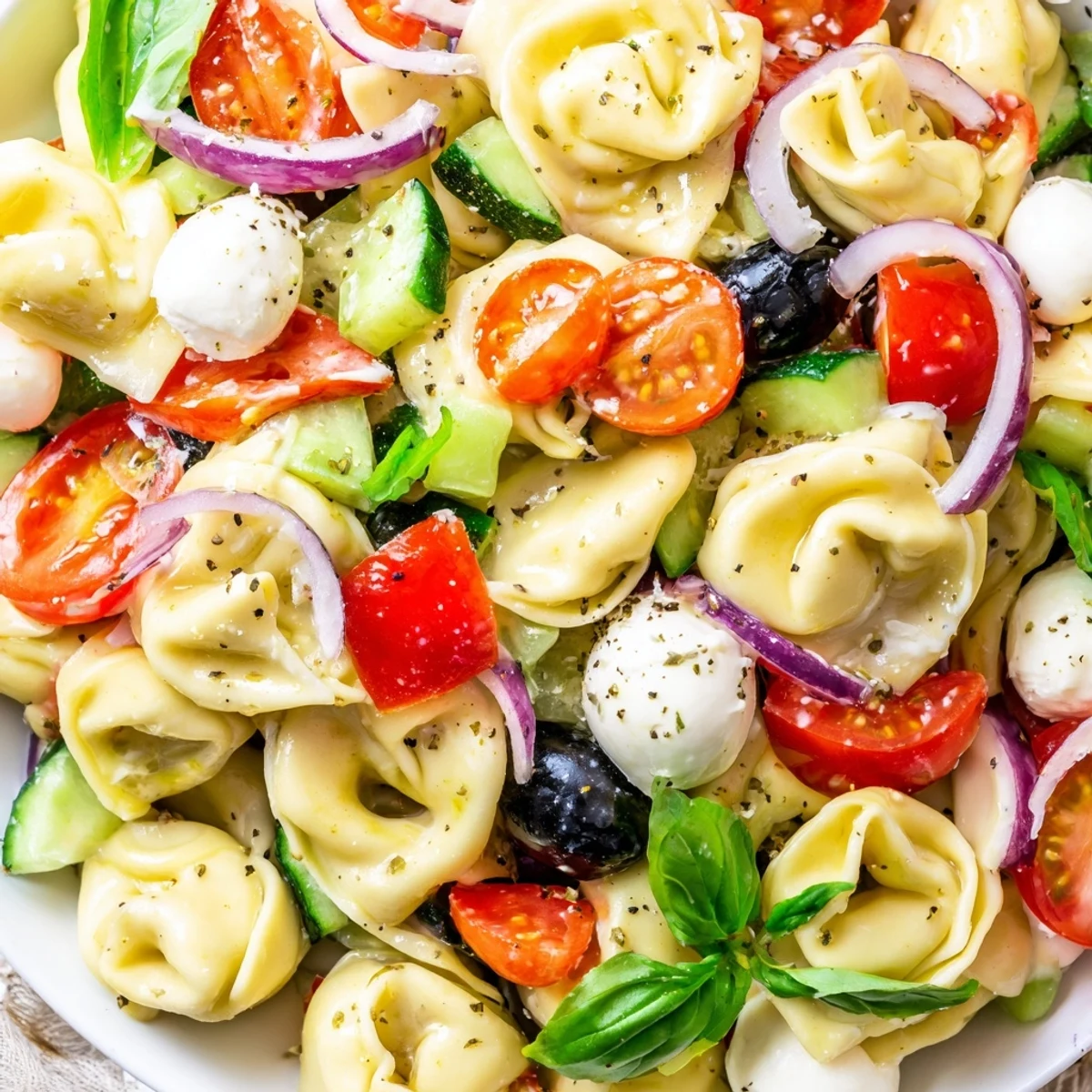 Colorful tortellini salad with cherry tomatoes, cucumber, and mozzarella in zesty Italian dressing
