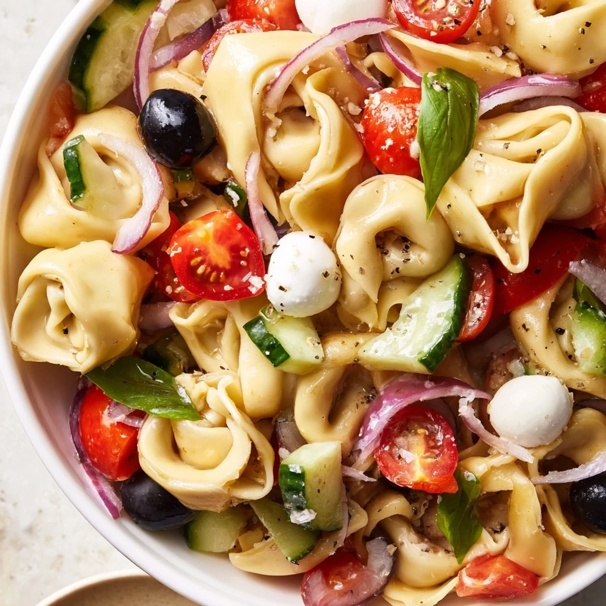 Cheese tortellini salad tossed with crisp vegetables and herbs in a tangy vinaigrette