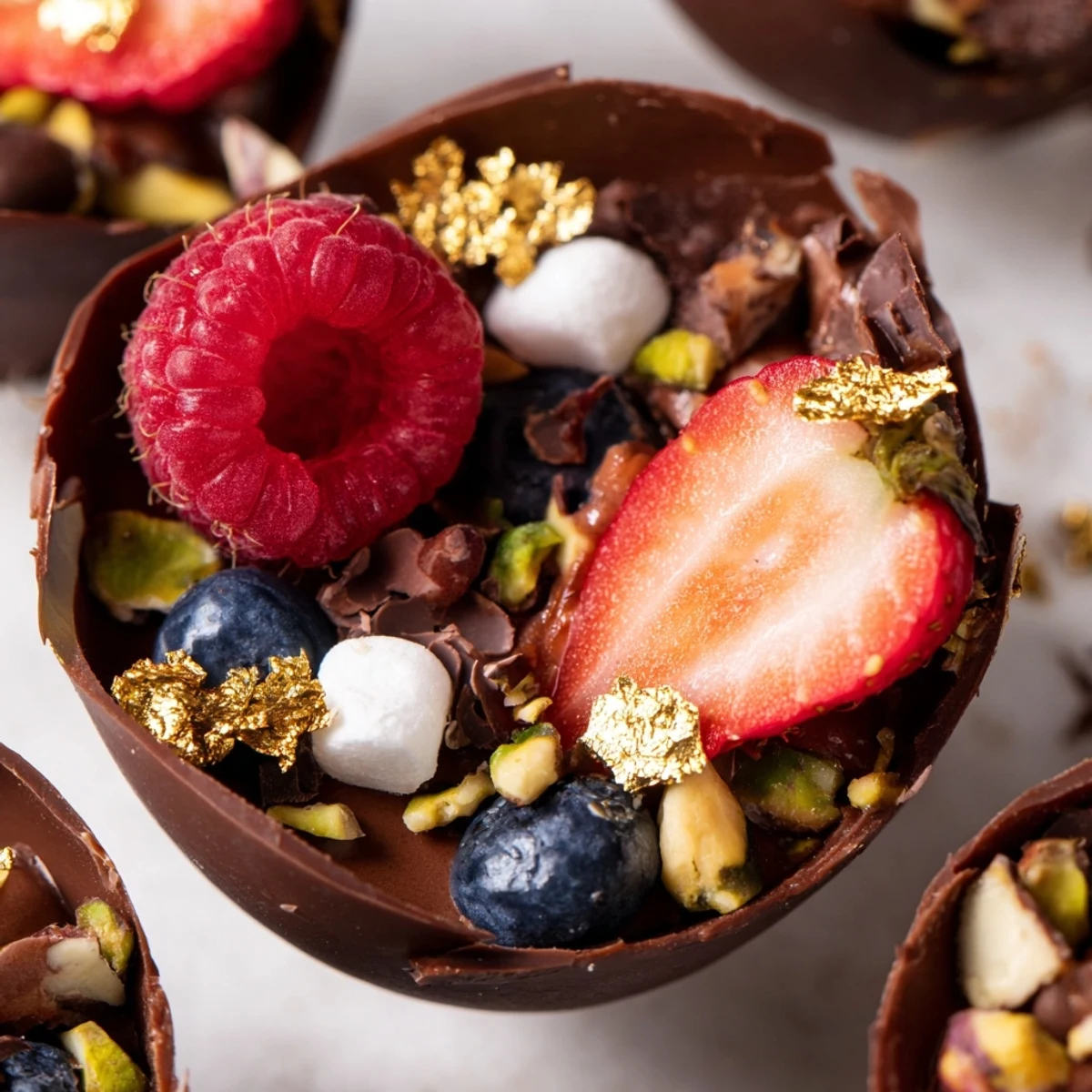 Rich chocolate cups overflowing with creamy mousse, crunchy nuts, and vibrant berries