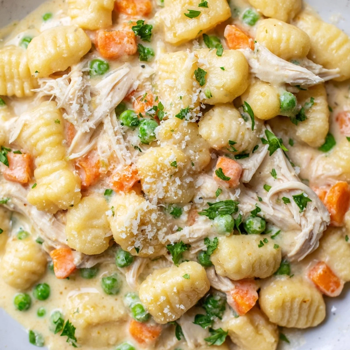 Creamy one pot gnocchi chicken pot pie topped with fresh parsley in a rustic skillet