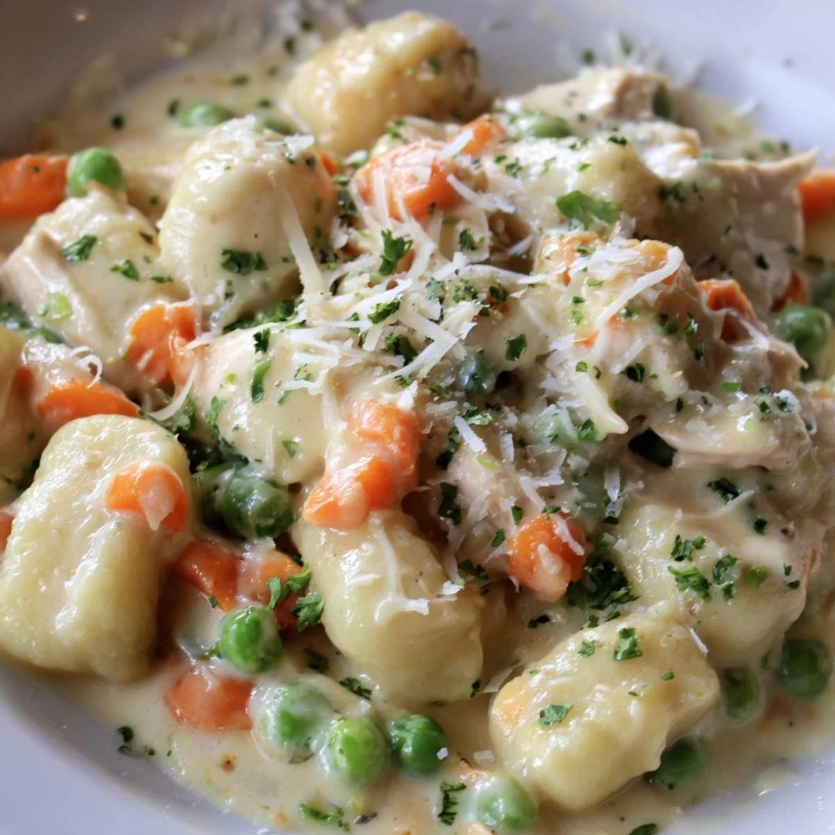 Golden one pot gnocchi chicken pot pie with tender vegetables in rich savory sauce