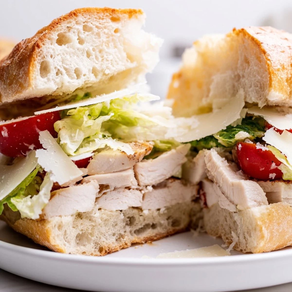 Golden toasted ciabatta roll filled with sliced grilled chicken Caesar sandwich and crisp romaine lettuce