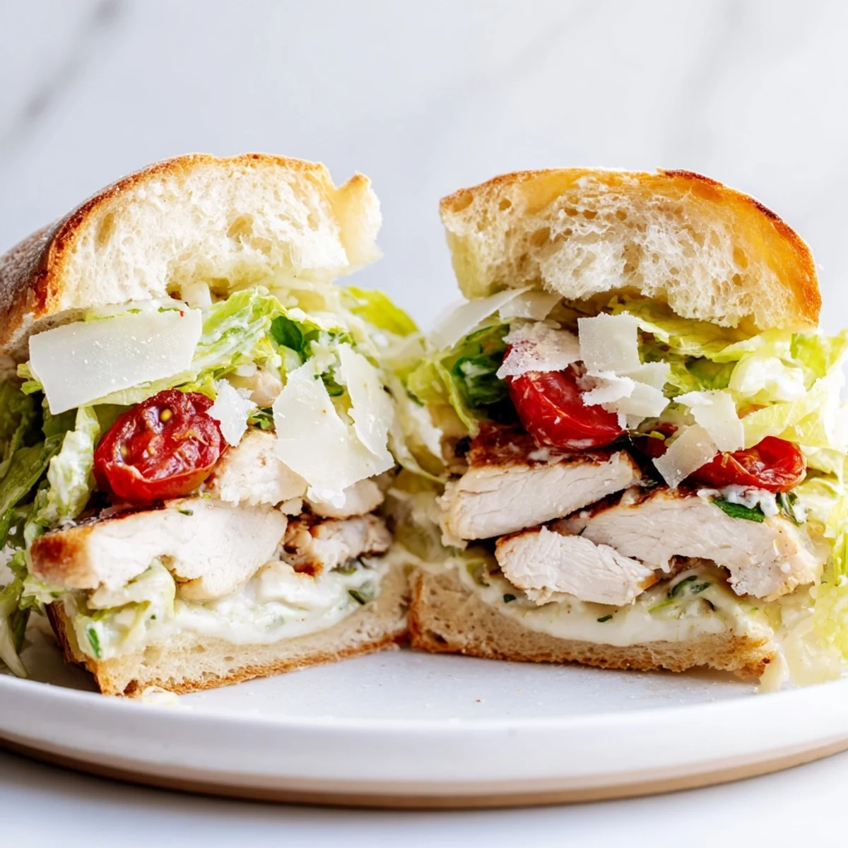 Juicy grilled chicken layered with creamy Caesar dressing and fresh romaine on crusty artisan bread