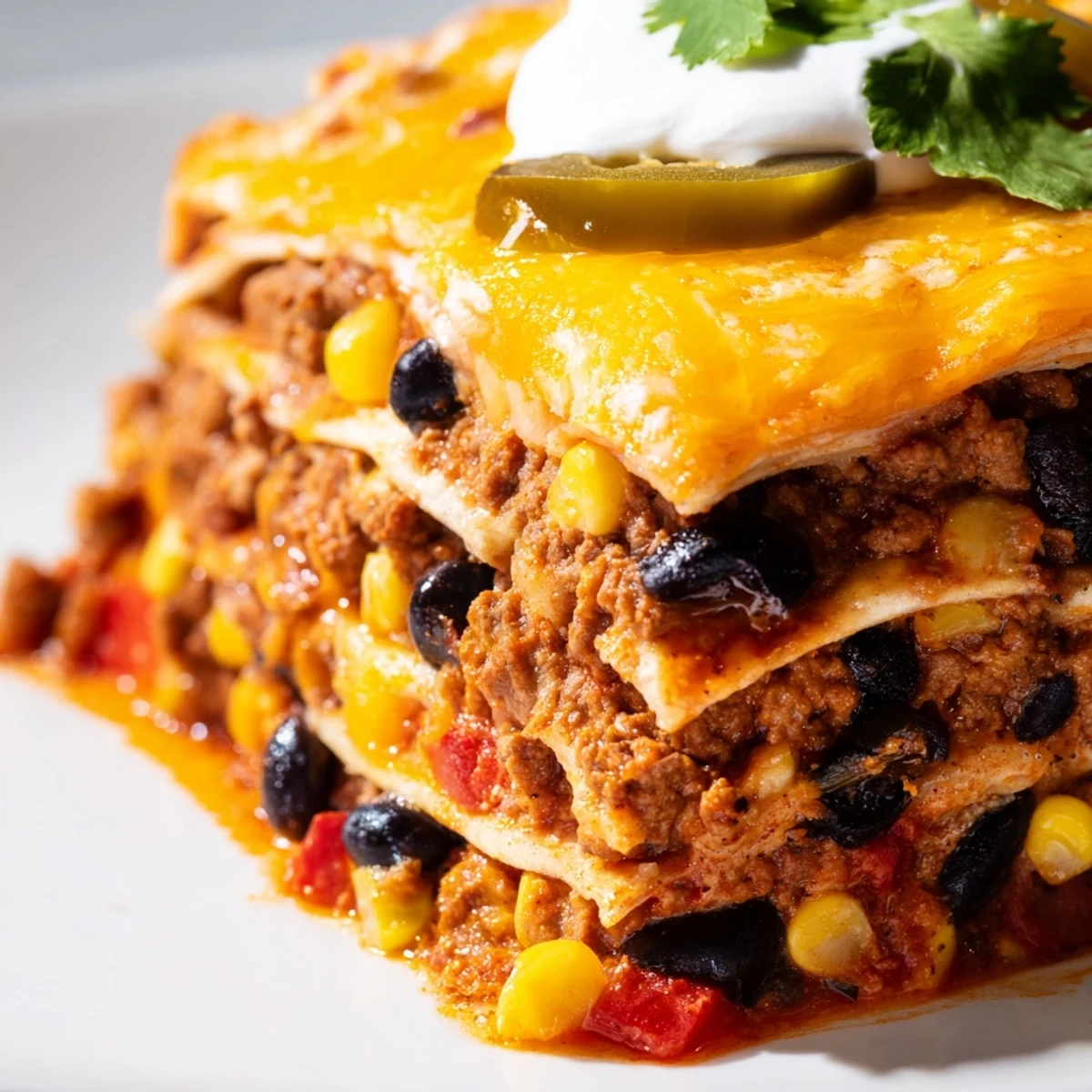 Golden bubbling Mexican lasagna with melted cheese and zesty seasoned beef layers