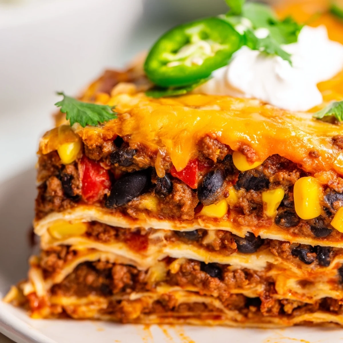 Mexican lasagna served warm with fresh cilantro and dollop of sour cream