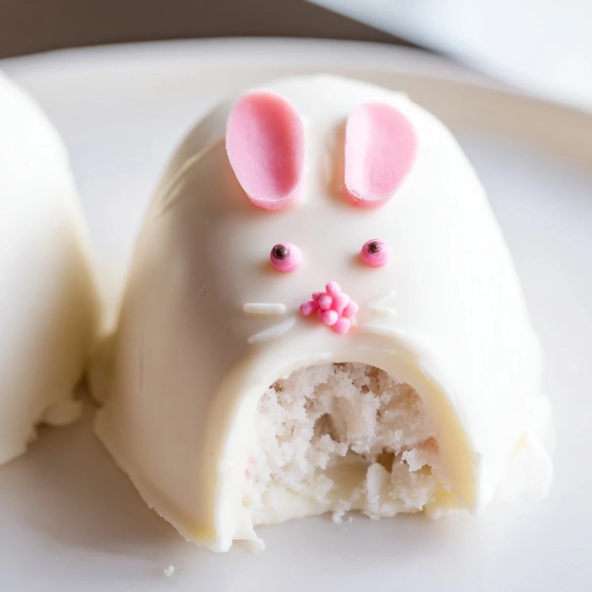 Adorable white chocolate bunny cakesicles with candy eyes on a parchment-lined baking sheet