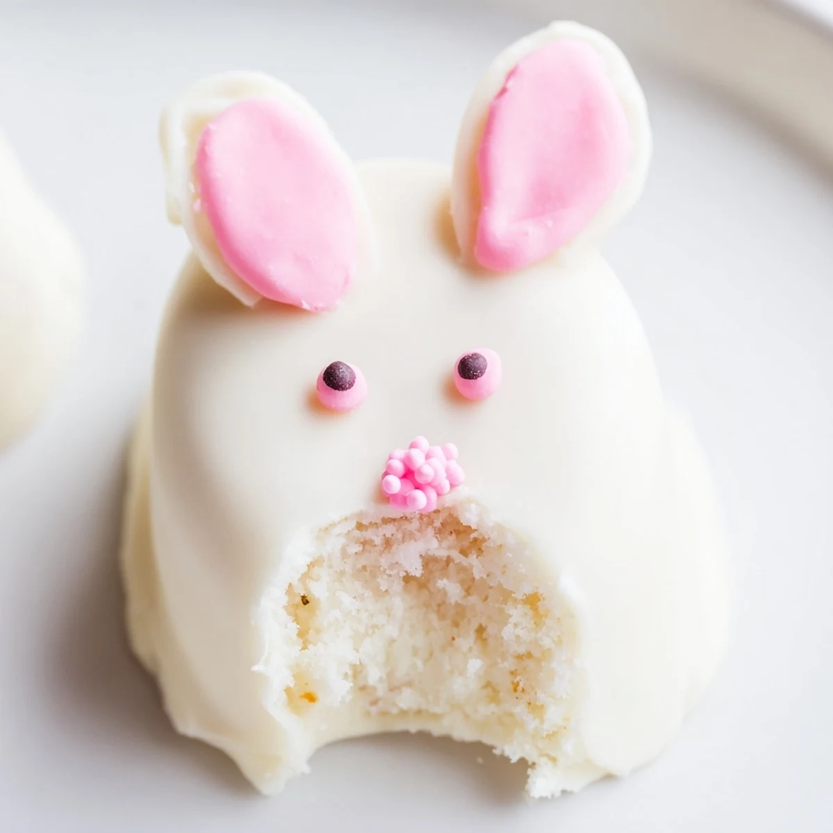 Creamy white chocolate bunny cakesicles decorated with pink fondant ears and sprinkles