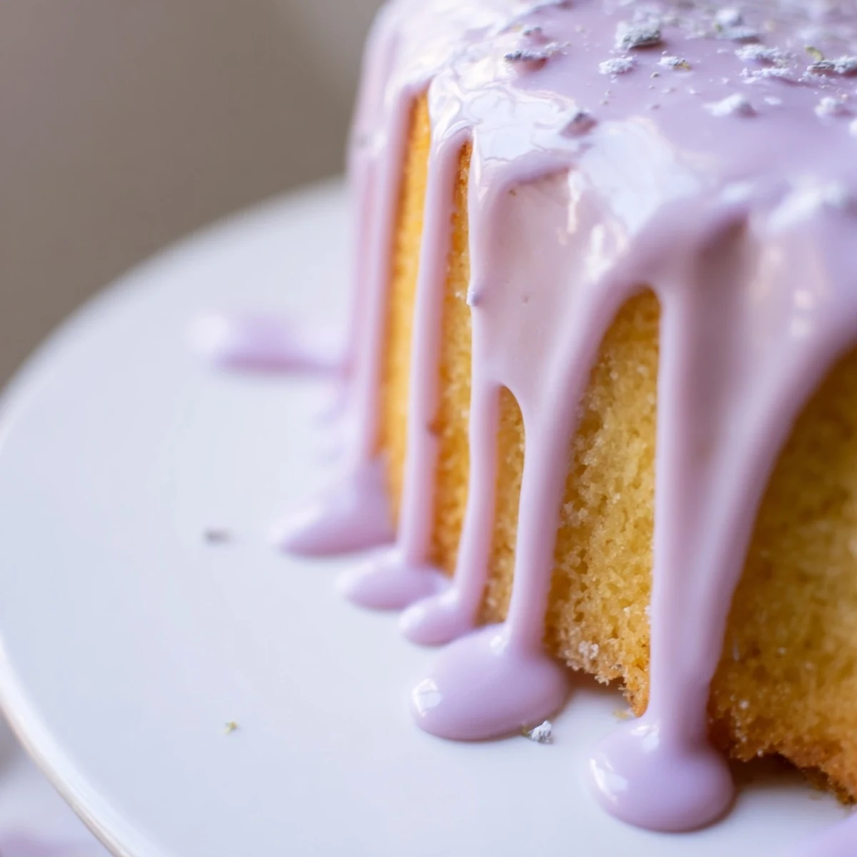 Smooth lavender glaze cascading down a golden pound cake with delicate purple flecks