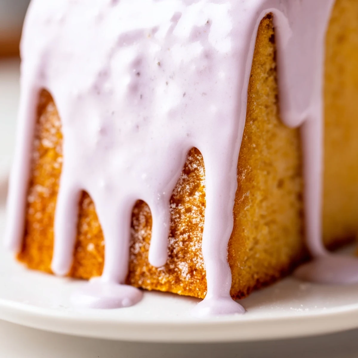 Glossy lavender glaze dripping off fresh scones on a white ceramic plate