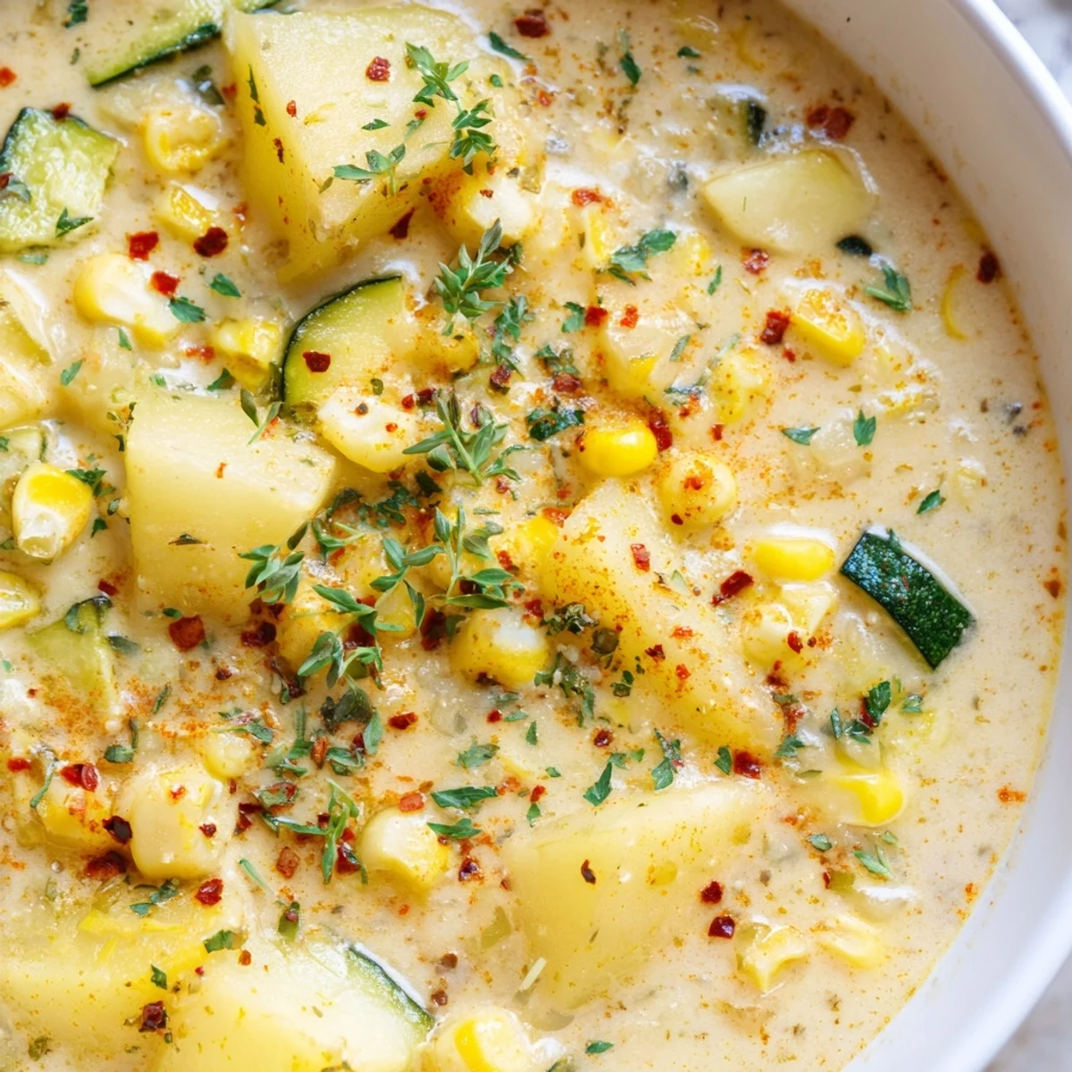 Steaming bowl of hearty potato corn zucchini soup garnished with fresh parsley