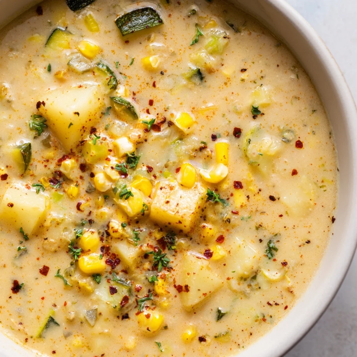 Creamy potato corn zucchini soup brimming with tender vegetables in white bowl