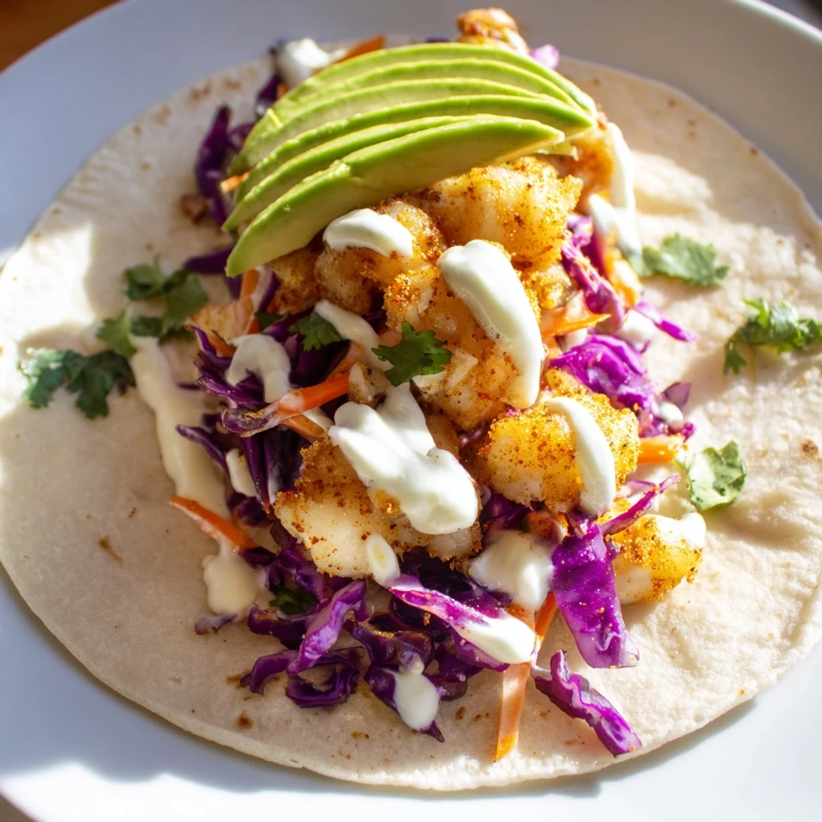 Crispy seasoned tilapia fish tacos topped with fresh slaw and creamy zesty lime crema