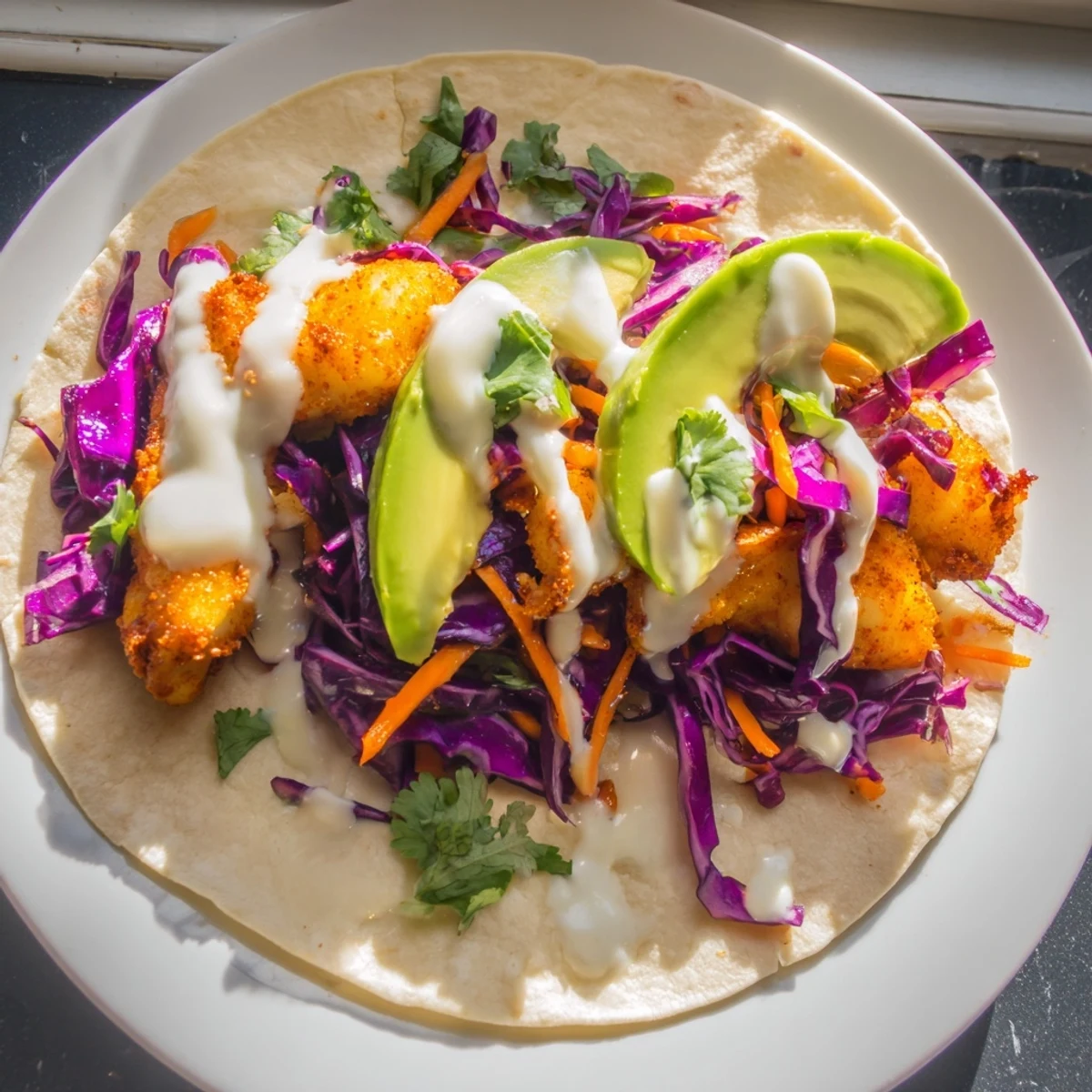 Golden tilapia fish tacos in warm tortillas with crunchy cabbage slaw and avocado slices