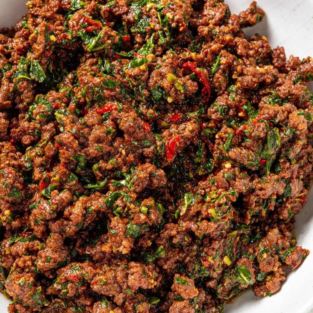 Chimichurri ground beef bowls topped with vibrant green sauce fresh avocado and crisp vegetables