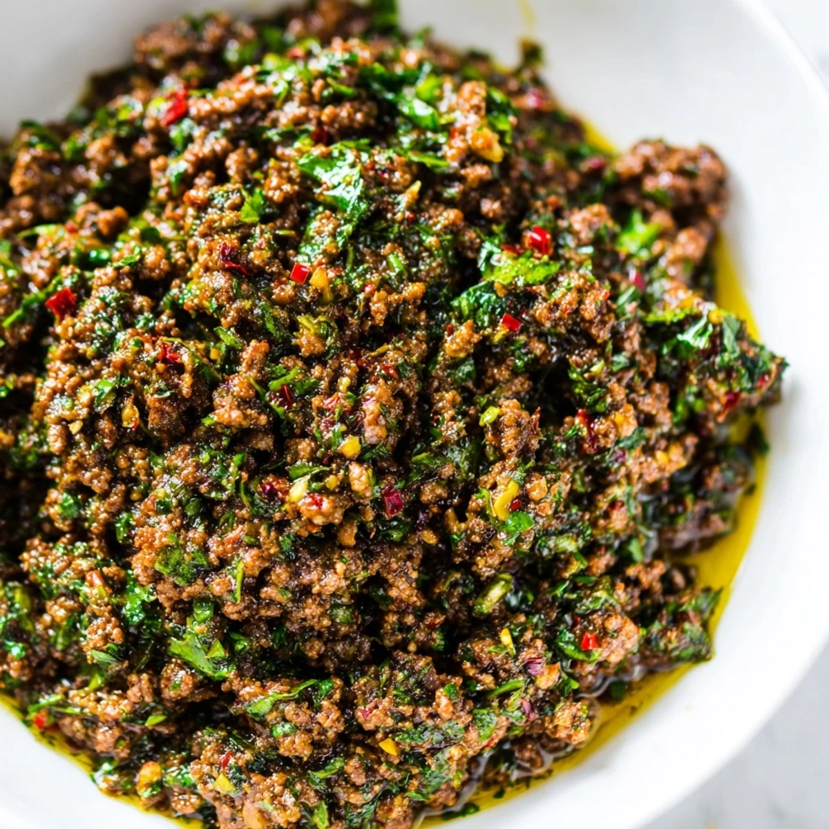 Seasoned chimichurri ground beef bowls served over fluffy rice with bright herb drizzle