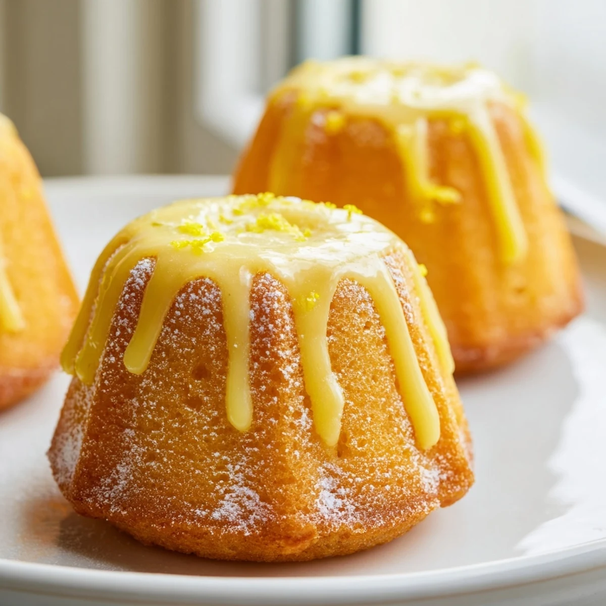 Golden mini lemon cakes drizzled with bright citrus glaze on a white serving plate