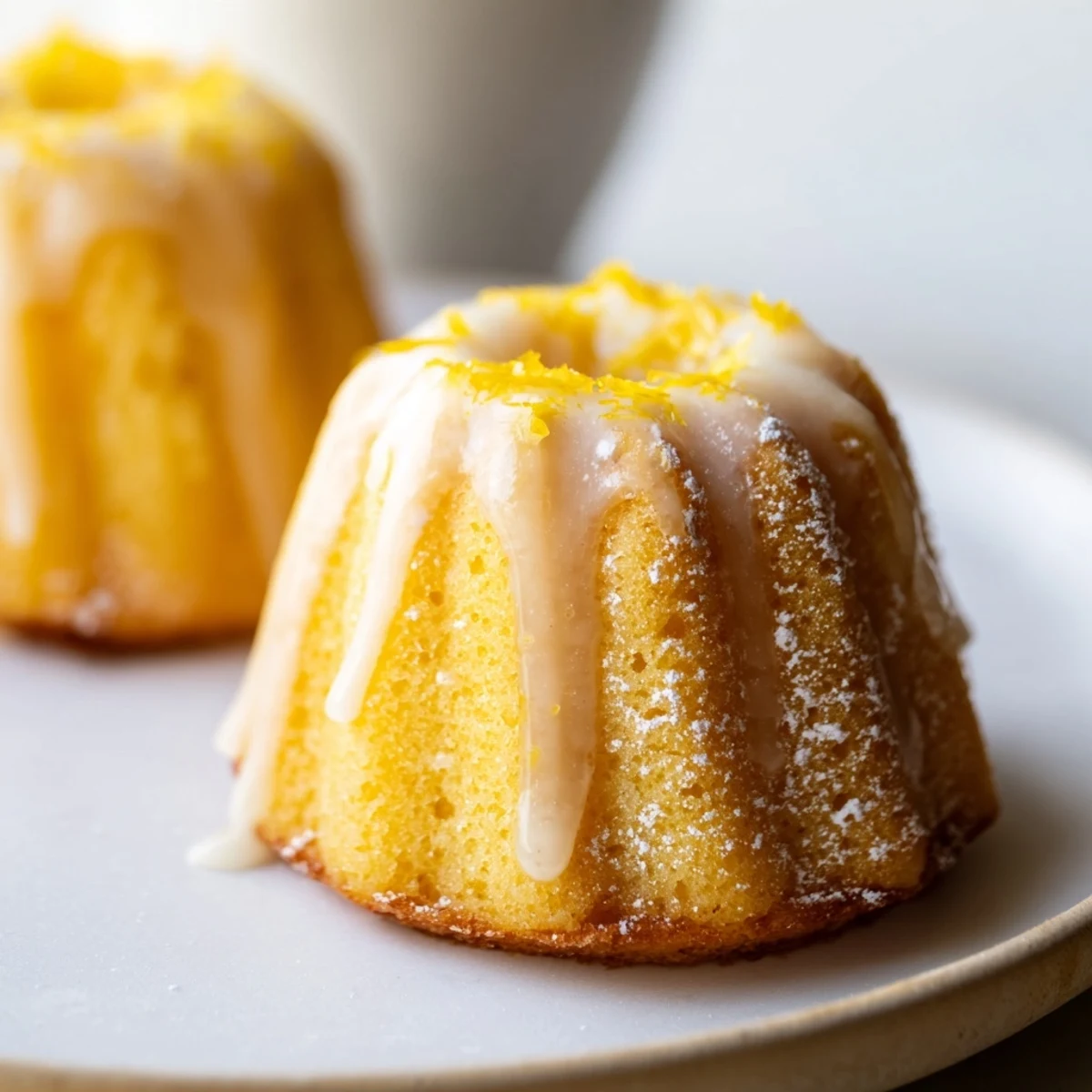 Moist mini lemon cakes topped with powdered sugar glaze arranged for teatime dessert
