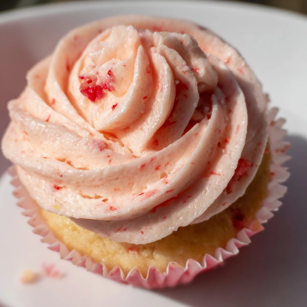 Golden strawberry lemonade cupcakes with swirled citrus frosting and fresh berry garnish