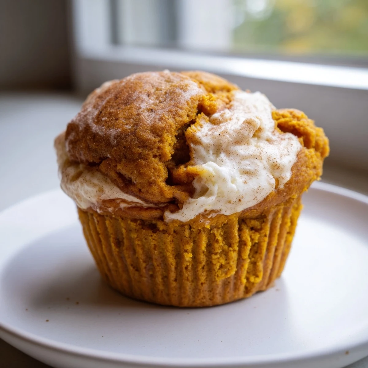 Golden chai pumpkin cheesecake muffins with swirled spiced filling cooling on a wire rack
