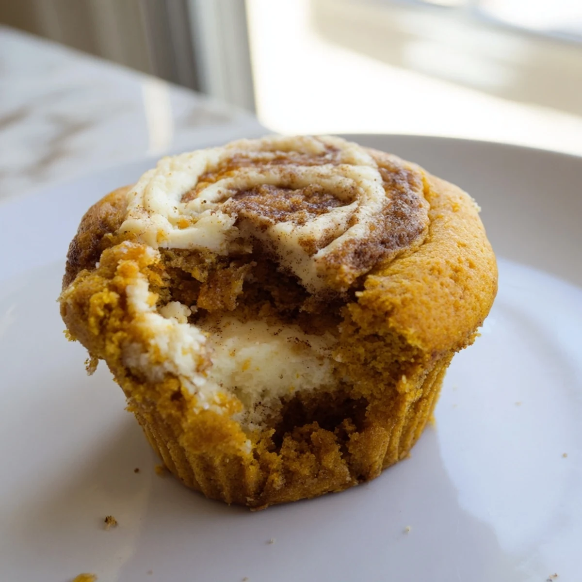 Moist chai pumpkin cheesecake muffins topped with creamy cinnamon swirls on a rustic plate