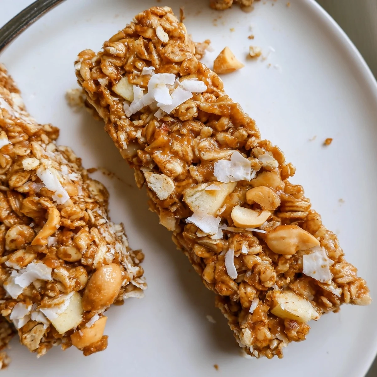 Chewy no bake apple peanut butter granola bars topped with visible oats and dried apple pieces