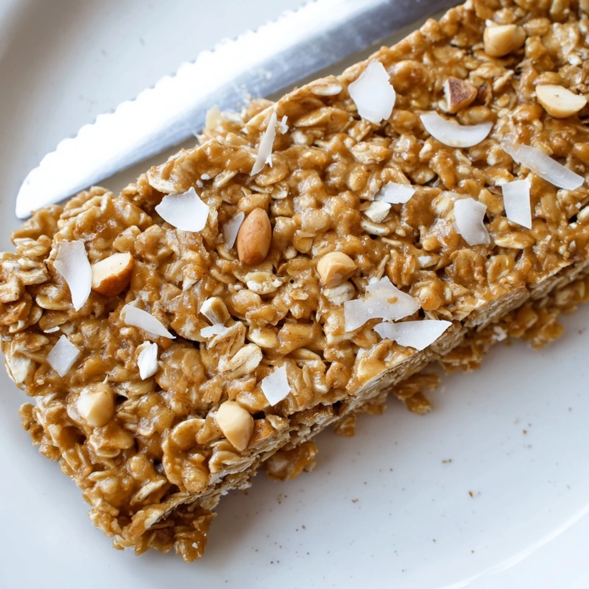 Thick sliced no bake apple peanut butter granola bars drizzled with honey on a rustic cutting board