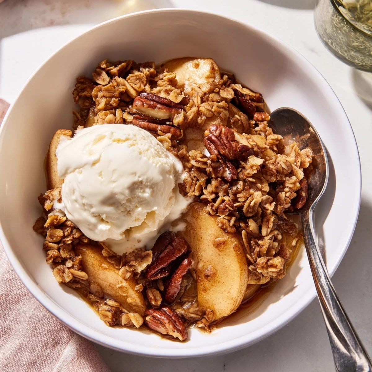 Crockpot apple crisp served in a bowl with melting vanilla bean ice cream