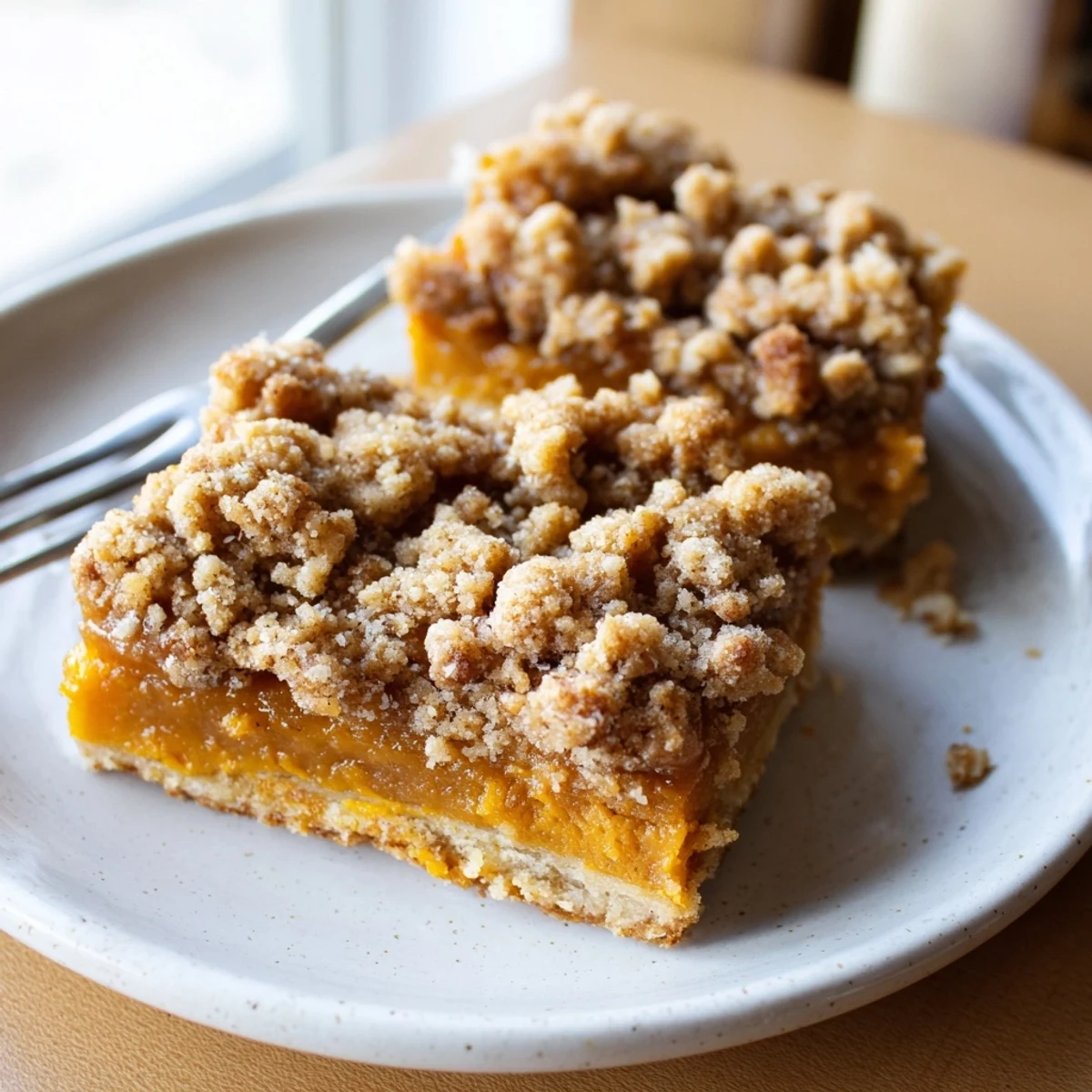 Golden brown sugar maple pumpkin butter bars with spiced streusel on a rustic baking sheet