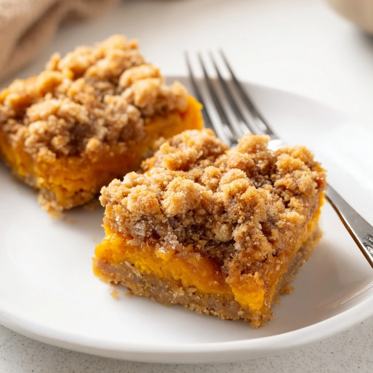 Creamy pumpkin maple filling peeks through a crumbly brown sugar streusel on these butter bars