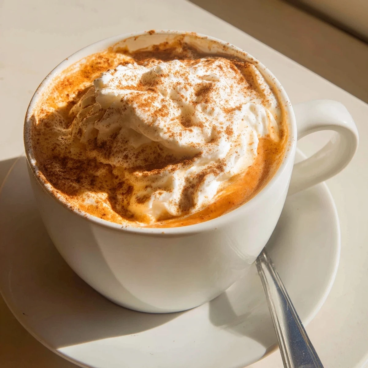 Creamy homemade pumpkin spice latte topped with whipped cream and cinnamon dust