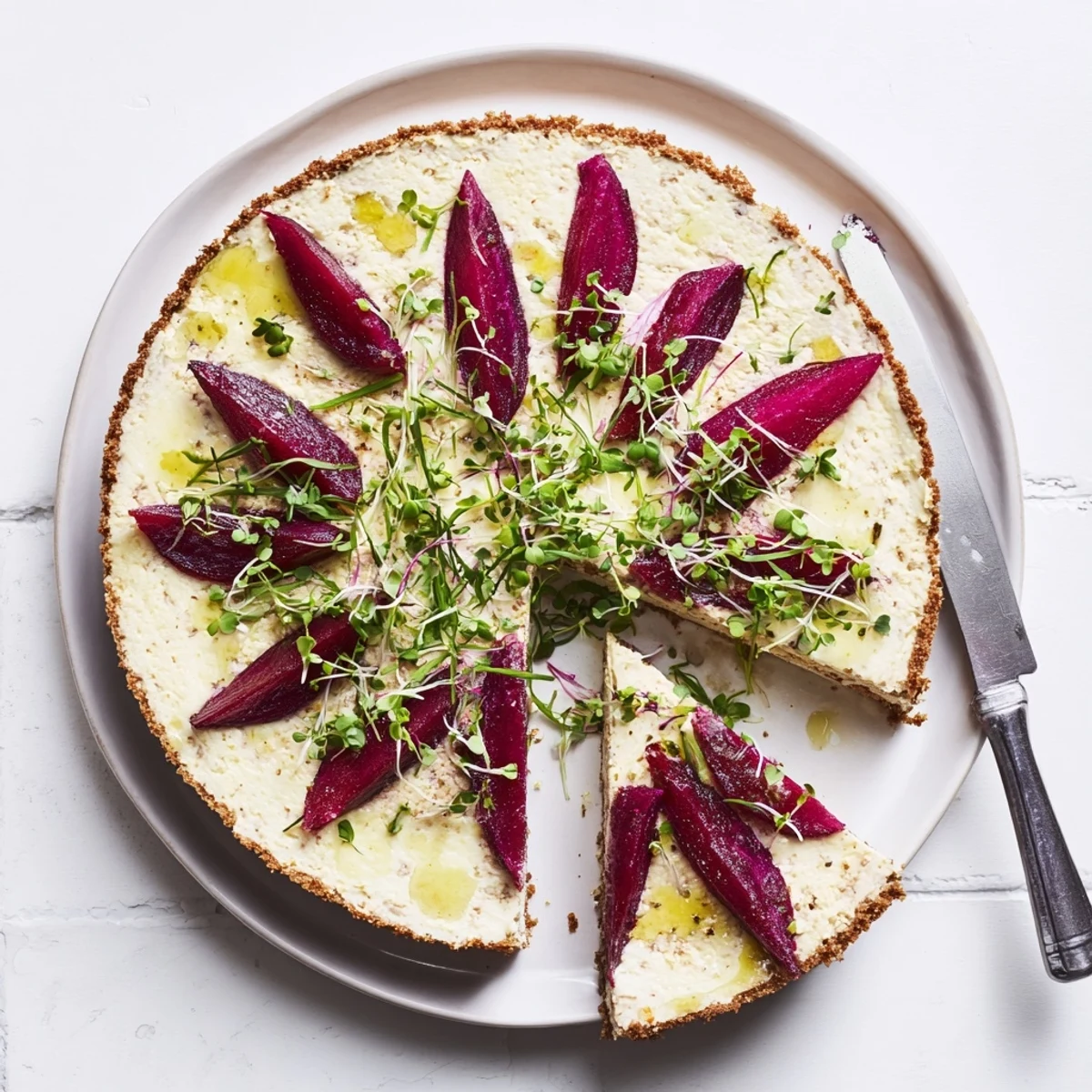 Creamy savoury cheesecake topped with jewel-toned roasted beetroot and fresh herbs