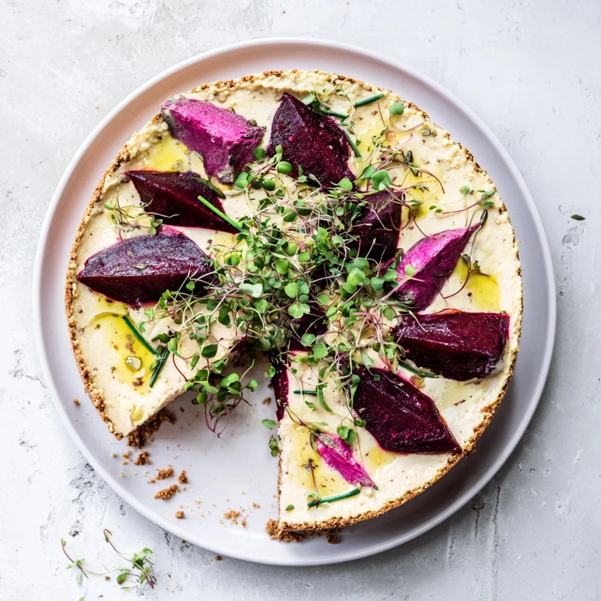 Golden-crusted savoury cheesecake served alongside caramelized beetroot wedges and microgreens