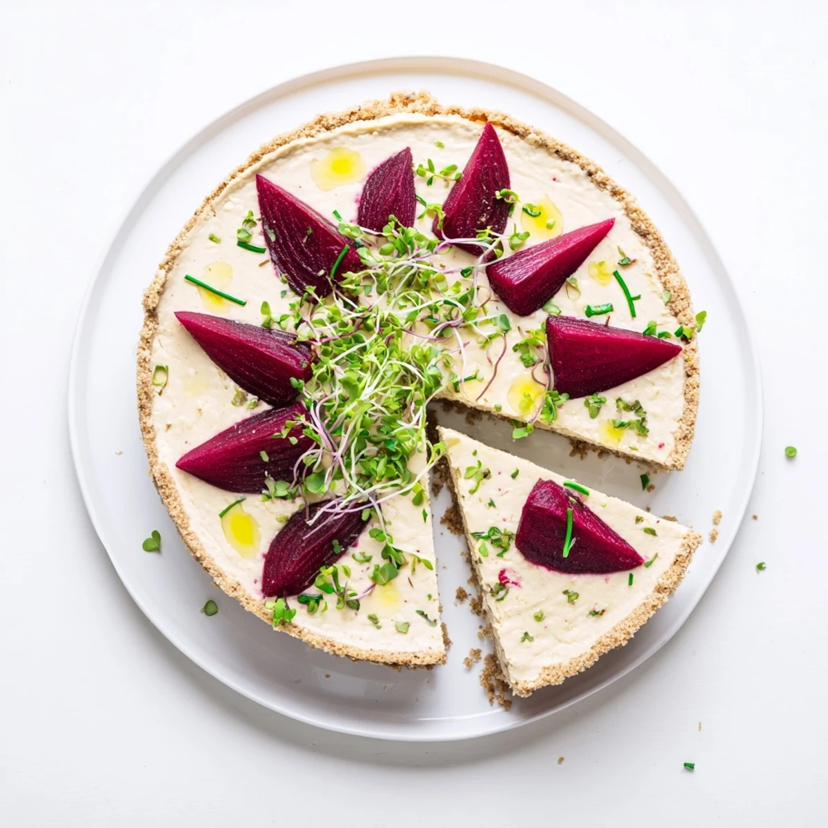 Slice of savoury cheesecake with roasted beetroot, drizzled olive oil, and chives