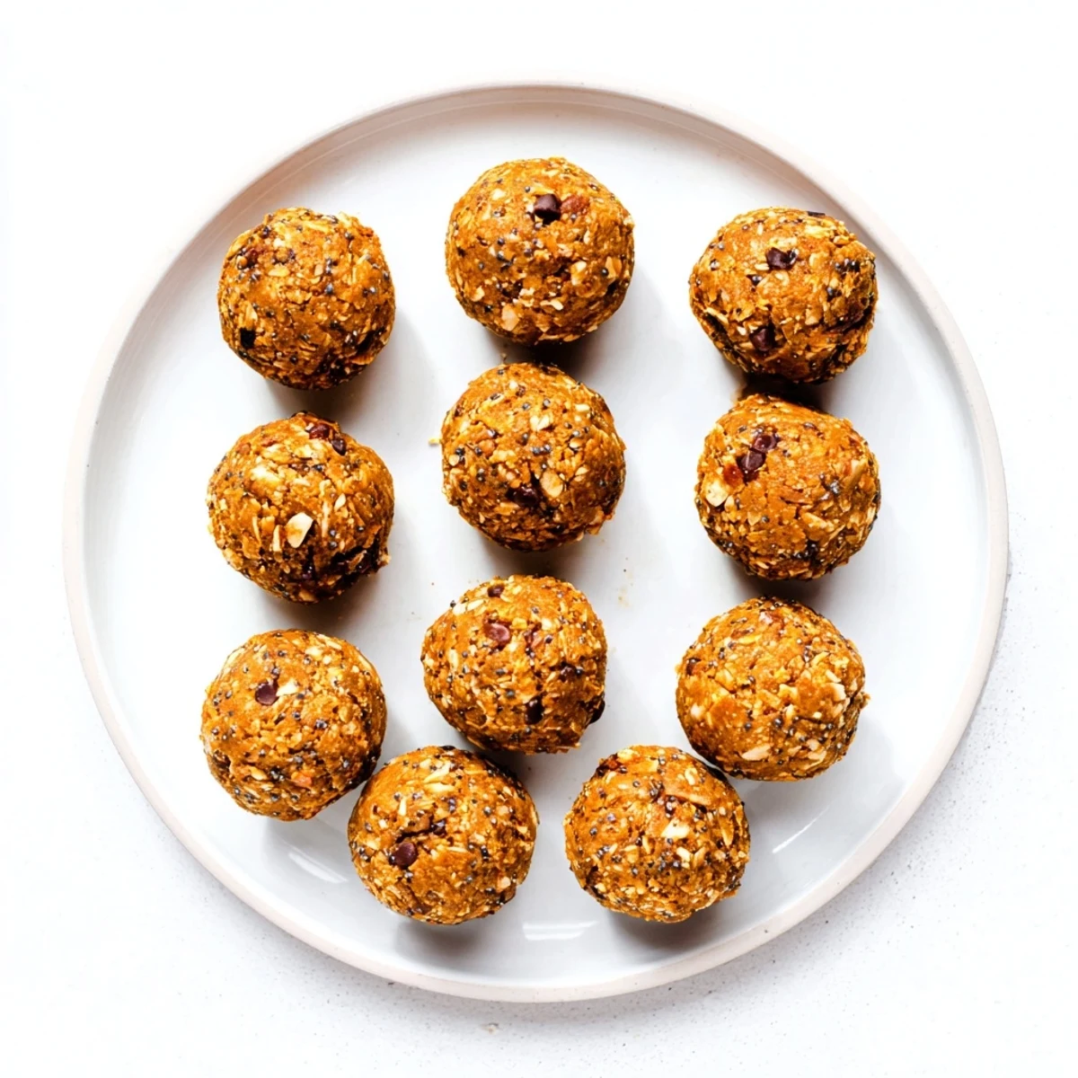 Chewy no bake pumpkin protein balls rolled in oats on a rustic wooden board