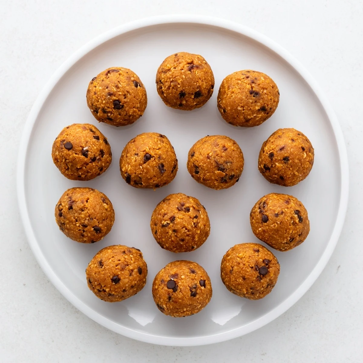Golden no bake pumpkin protein balls studded with chocolate chips in a chilled dish