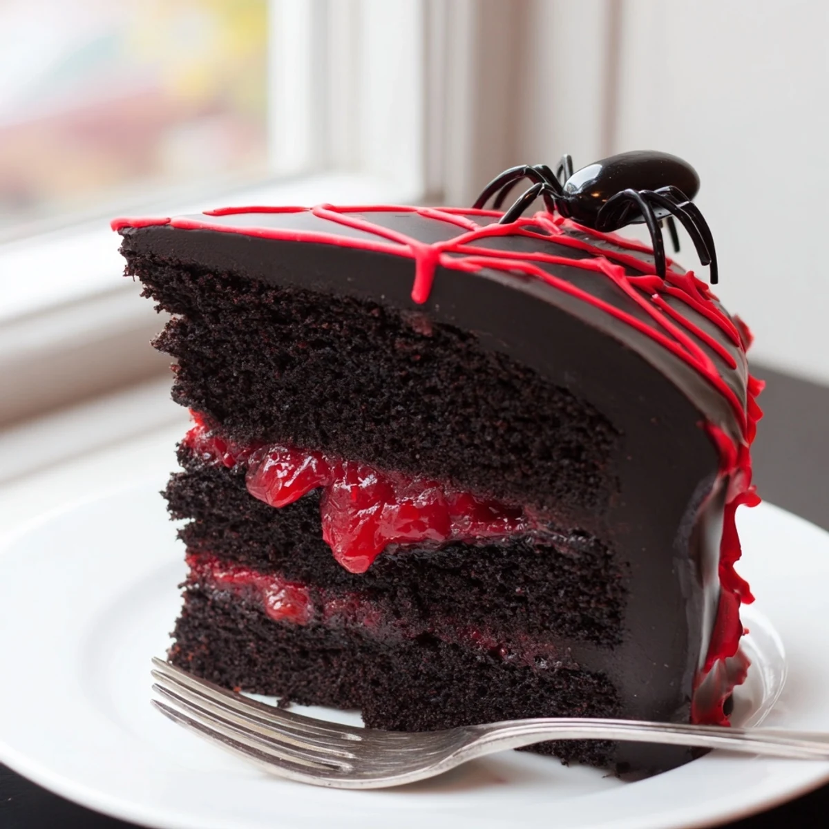 A slice of Hidden Horror Black Widow Cake revealing its crimson cherry compote center beneath dark ganache.
