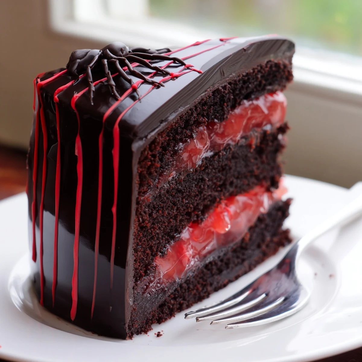 Hidden Horror Black Widow Cake with glossy black cocoa ganache dripping over a deep red filling.