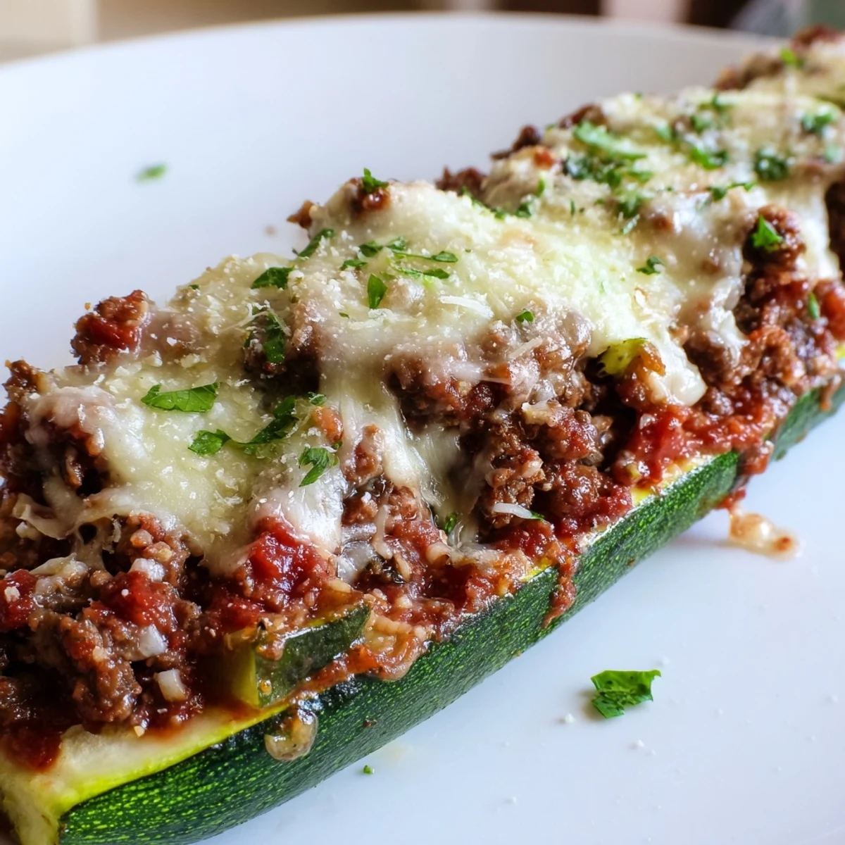 Golden baked stuffed zucchini boats with ground beef and melted mozzarella cheese