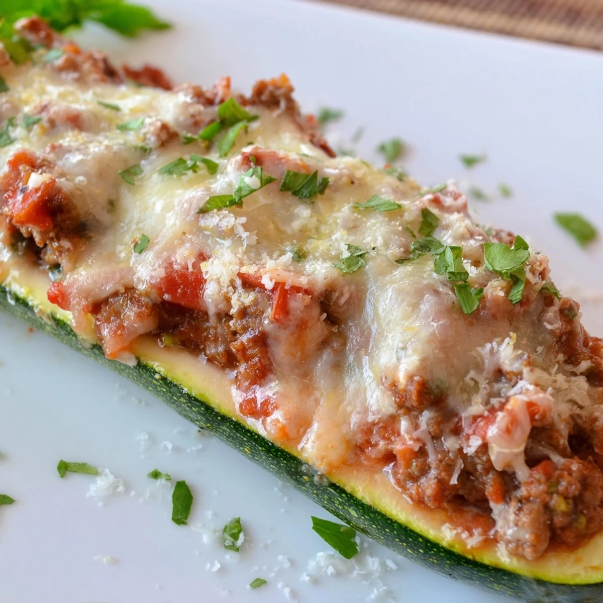 Crispy cheese-topped stuffed zucchini boats with ground beef served on a white plate