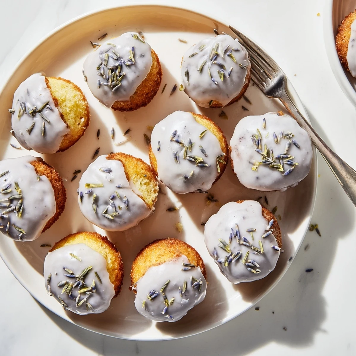 Golden mini lemon cakes drizzled with purple lavender glaze on a white plate
