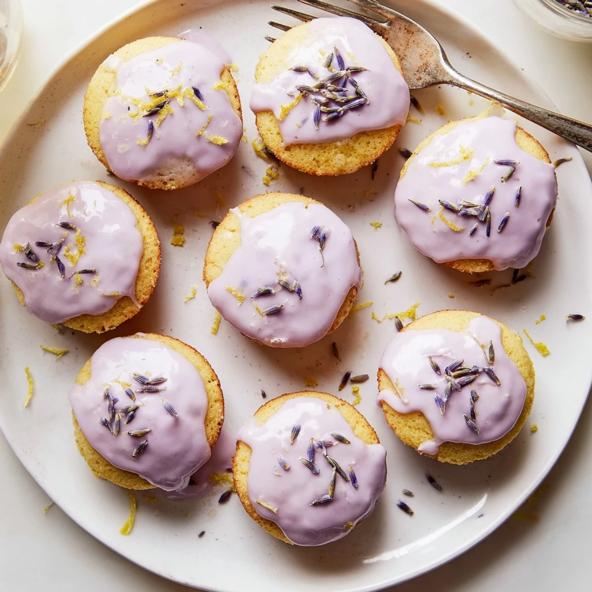 Tender mini lemon cakes with aromatic lavender glaze beside a steaming cup of tea
