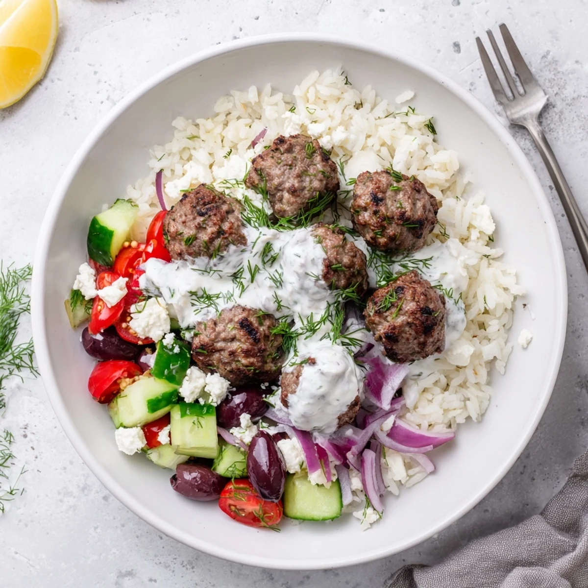 Golden brown Greek meatball bowl topped with creamy tzatziki and crumbled feta