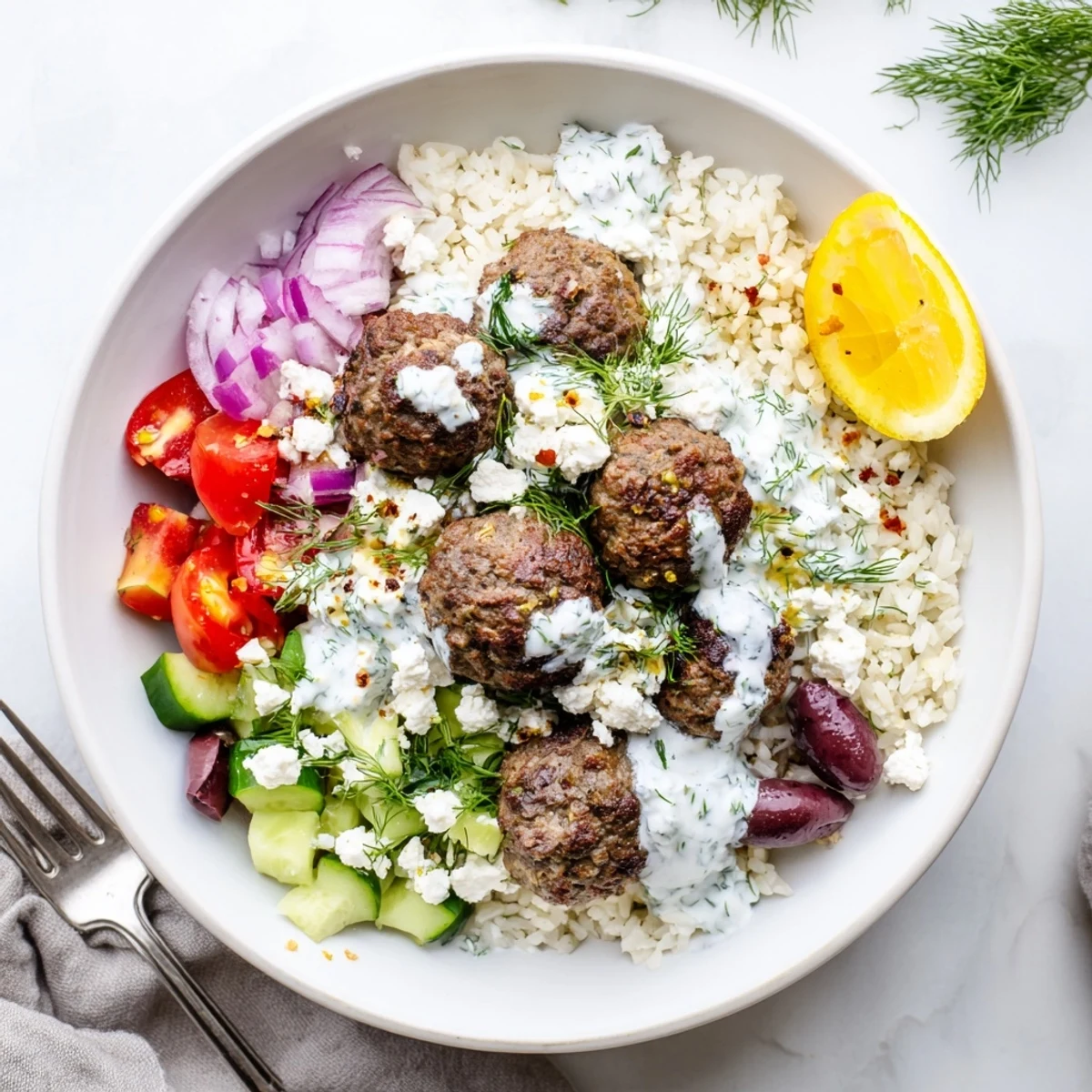 Sizzling Greek meatball bowl drizzled with tangy tzatziki alongside fresh lemon wedges