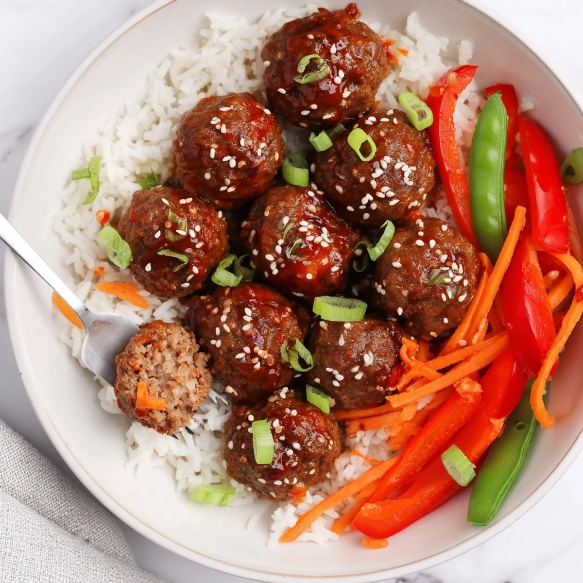 Hello Fresh Firecracker Meatballs glistening in sticky spicy-sweet sauce over jasmine rice