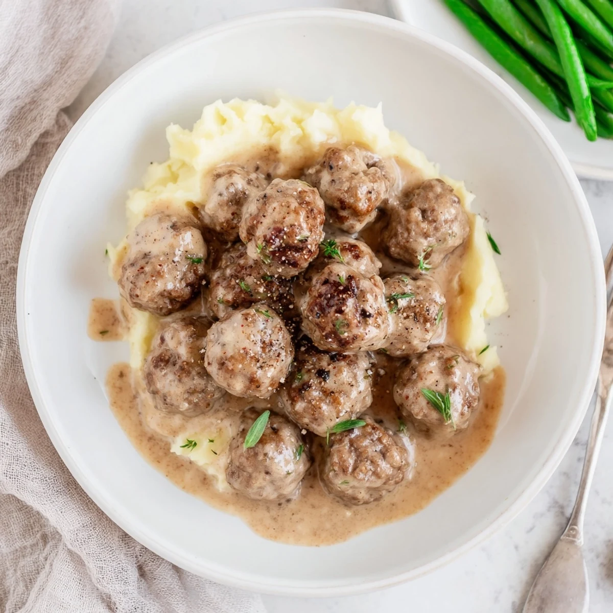 Plate of Homemade Ikea Meatballs browned in butter, topped with mustard sauce