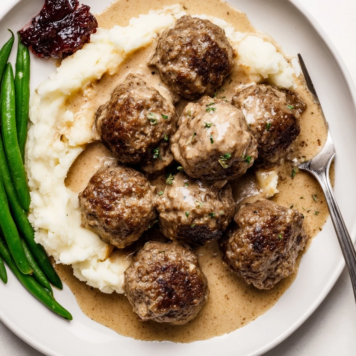 Skillet of Homemade Ikea Meatballs simmering in rich cream sauce, ready to serve